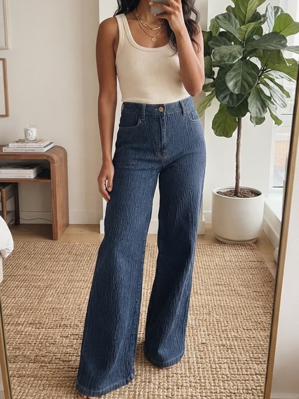 Triarchy Ms. Fonda High-Rise Wide-Leg Flare Jeans Dark Crinkle Indigo Size 32